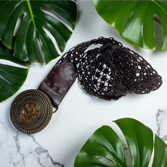 Vintage Y2K Belt Brown Braided Leather Open Weave Natural Stone Brass Buckle - Picture 1 of 4